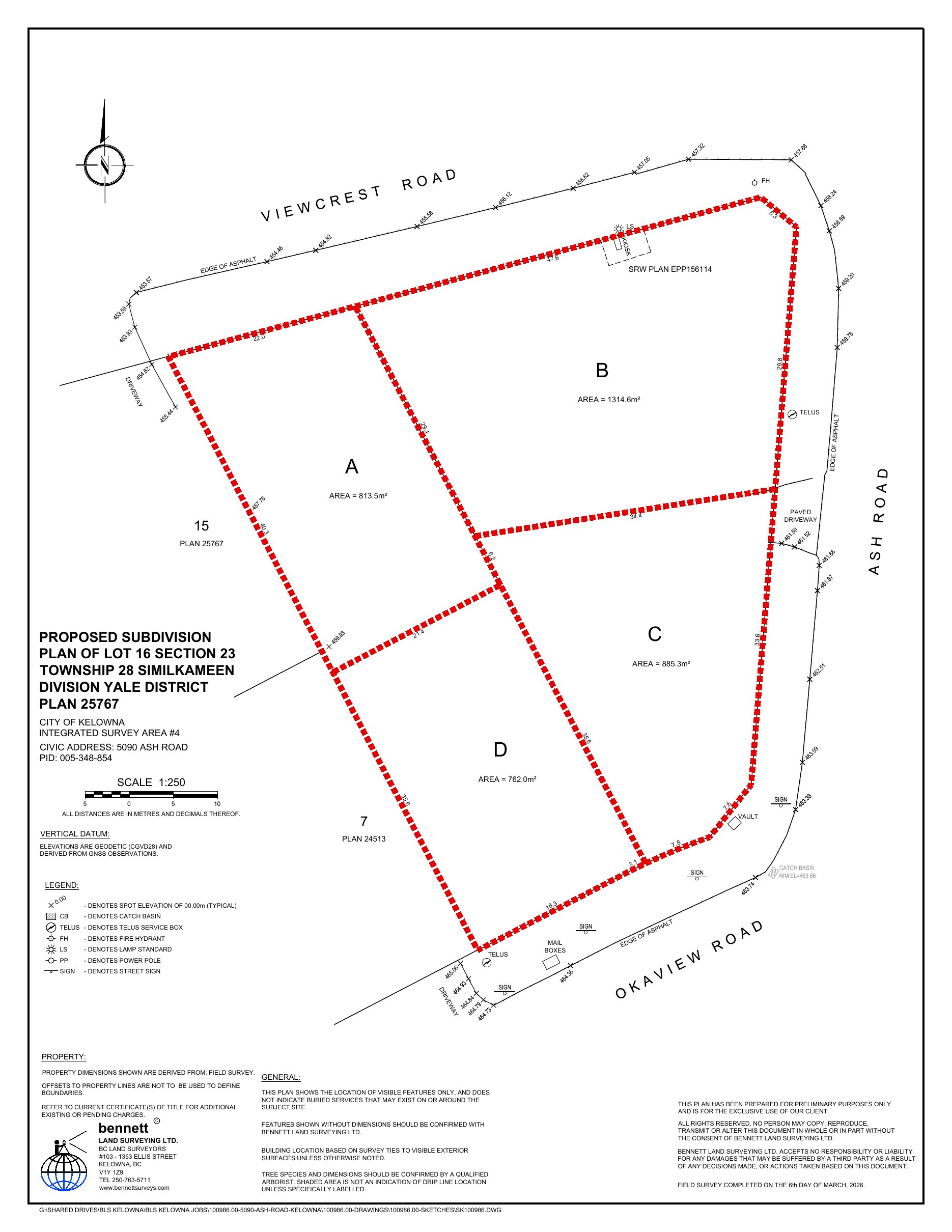 Proposed subdivision sketch dividing the parcel into four lots: A 813.5 m², B 1,314.6 m², C 885.3 m² and D 762.0 m²