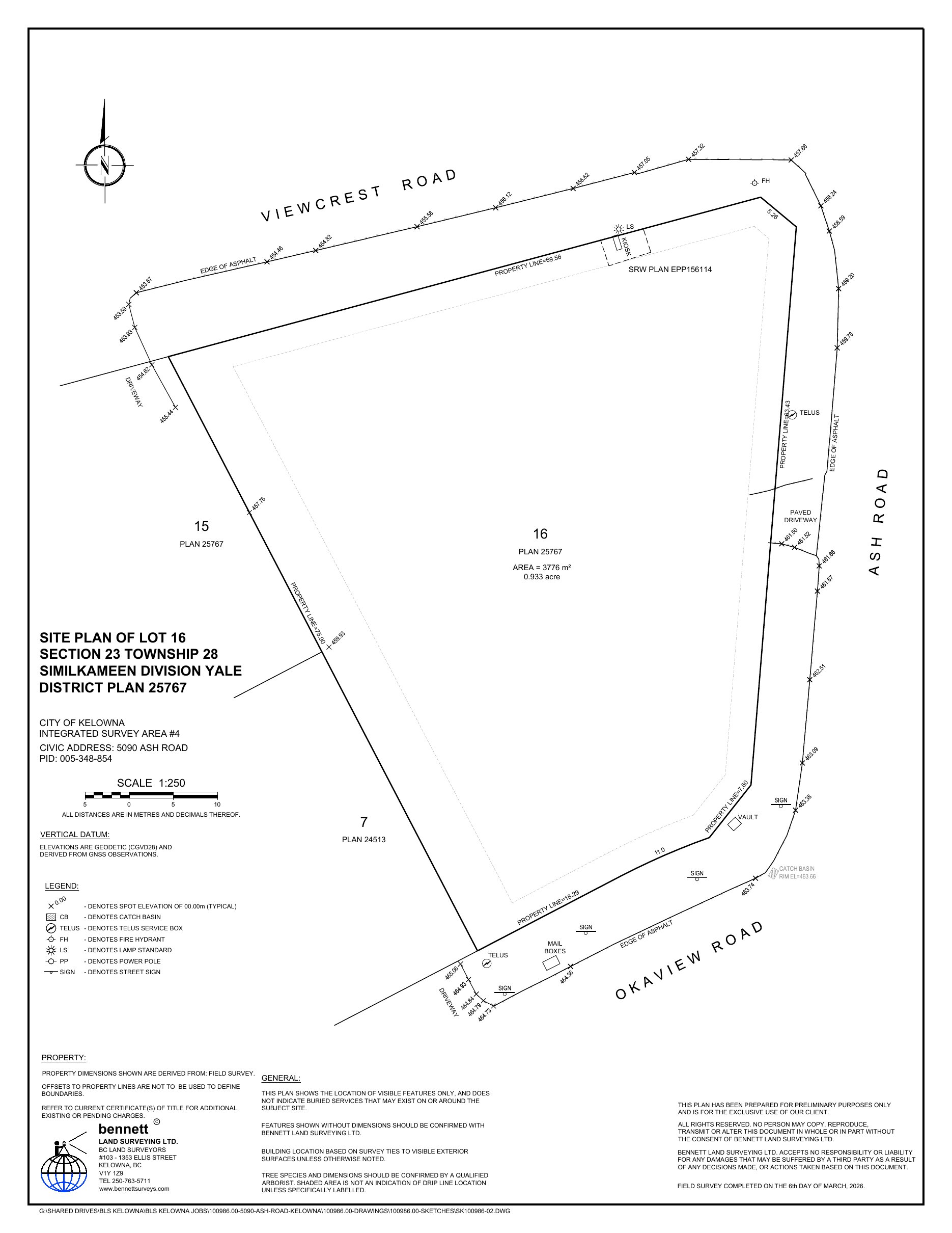 Bennett Land Surveying site plan of Lot 16, Plan 25767, 5090 Ash Road: one lot of 3,776 m² (0.933 acres) with frontage on Viewcrest, Ash and Okaview roads
